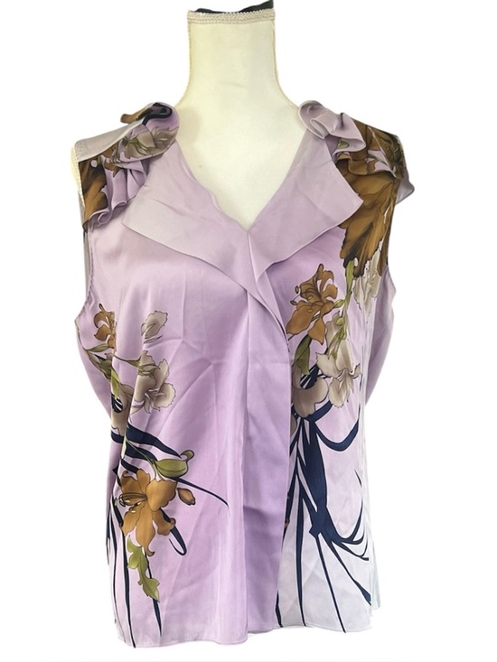 Elie Tahari Tops - Elie Tahari Floral Silk Ruffle Neck Lavender Blouse Size Large